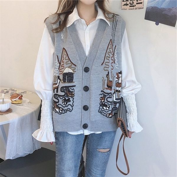 

knit sweater vest idyllic scenery koreans style the embroidery v-neck cardigans sleeveless autumn fashion waistcoats y201128, White;black