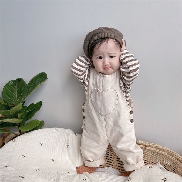 

autumn baby boys and girls fashion sleeve heart pocket loose denim overalls 0-5 years children soft comfortable jumpsuits 201112, Blue