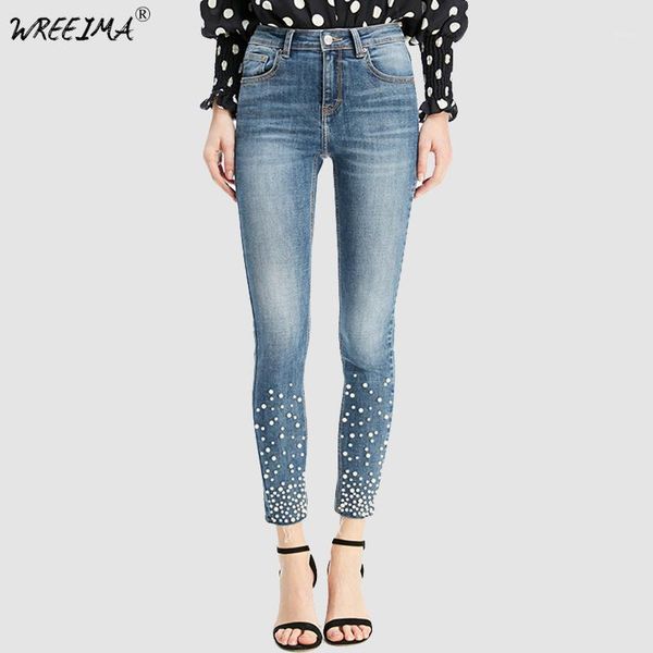 

wreeima wreeima denim women skinny jeans with pearls pants skinny femme jeans woman 2018 casual high waist pencil jean kz091, Blue