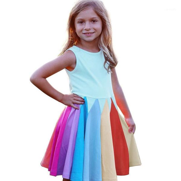 

summer 1 2 3 4 5 to 6 years kids clothes girl cotton sleeveless pleated rainbow toddler dress for children girl party gown1, Red;yellow