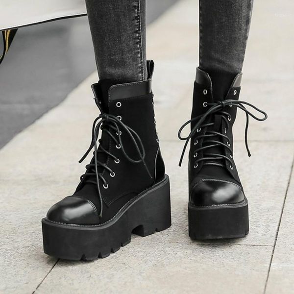 

autumn black booties woman back cross tied punk woman shoes lace up platform gothic biker ankle combat boots for women1