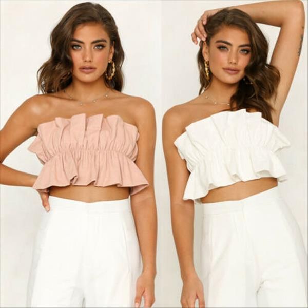 

2019 fashion summer casual bandeau crop womens strapless bra solid sleeveless vest lady short tube cami, White