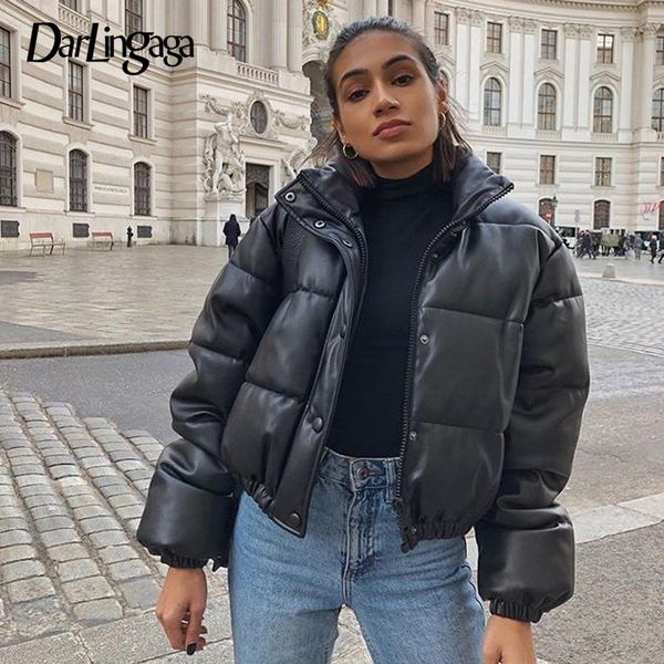 

darlingaga streetwear cropped faux pu leather jacket women parkas turtleneck bubble thick winter coat ladies overcoat autumn new, Black