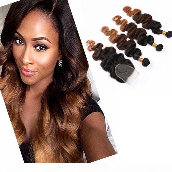 

brazilian blonde ombre human hair bundles with closure 4" * 4" ombre #1b #4 #27 body wave virgin hair bundles, Black;brown