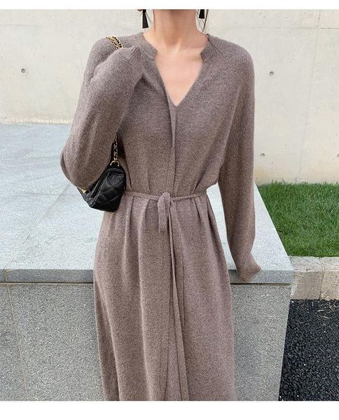 

casual dresses vintage women knitted dress autumn winter brief v-neck warm drawstring lace-up loose midi female sweater 2021, Black;gray