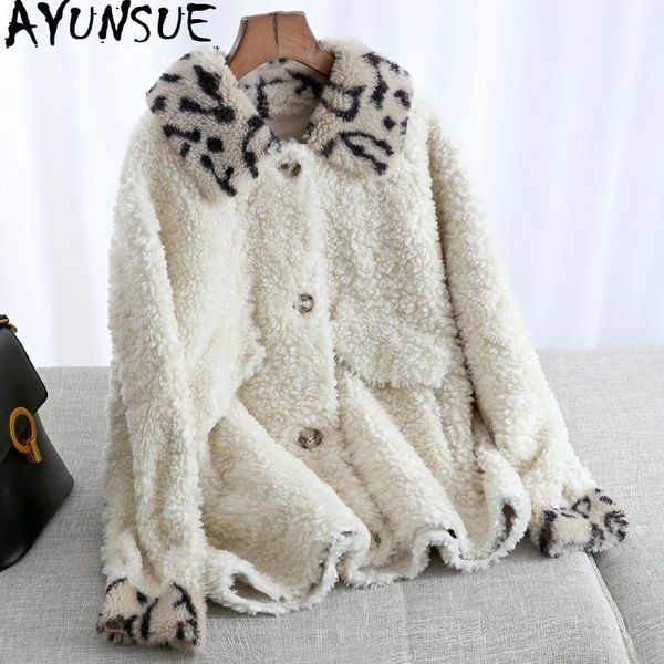 

ayunsue autumn winter coat women sheep shearling real fur coat female 100% wool coats korean leopard jacket manteau femme my43831, Black
