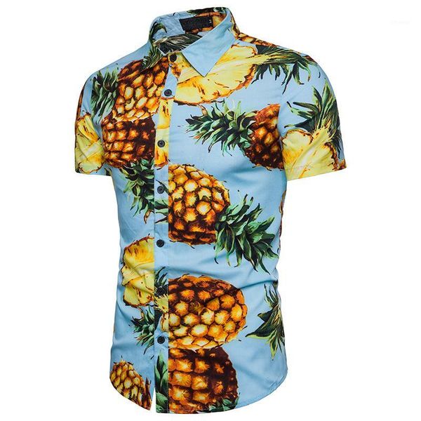 

button-down shirt beach-style fashion large body pineapple decorative pattern yarn dyed summer day men's short-sleeved shirt1, White;black