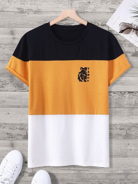 

men color block letter & tiger print tee s0kf#, White;black