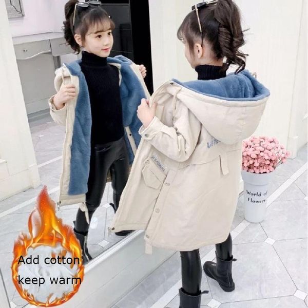 

30 girls winter jacket 2020 kids fashion plus velvet hoodie clothes outerwear teens long thick coat for girls windproof parka, Blue;gray