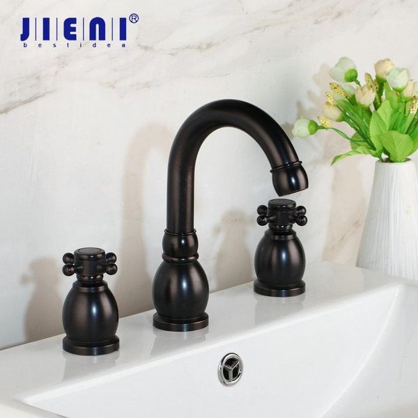 

jieni black painting 3 pcs 2 handles swivel bathroom bathtub basin faucet solid brass antique brass deck mounted basin mixer tap1