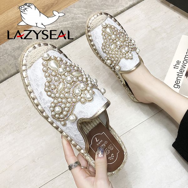

lazyseal new string bead half slippers spring slides women shoes pearl hemp flat heel shoes women cotton fabric lace mules shoes y200706, Black