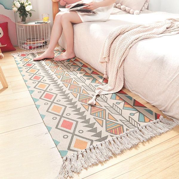 

nordic ethnic style hand-woven floor mat tassel cotton strip rugs bedroom decor home decor non-slip area rug bedside carpet1