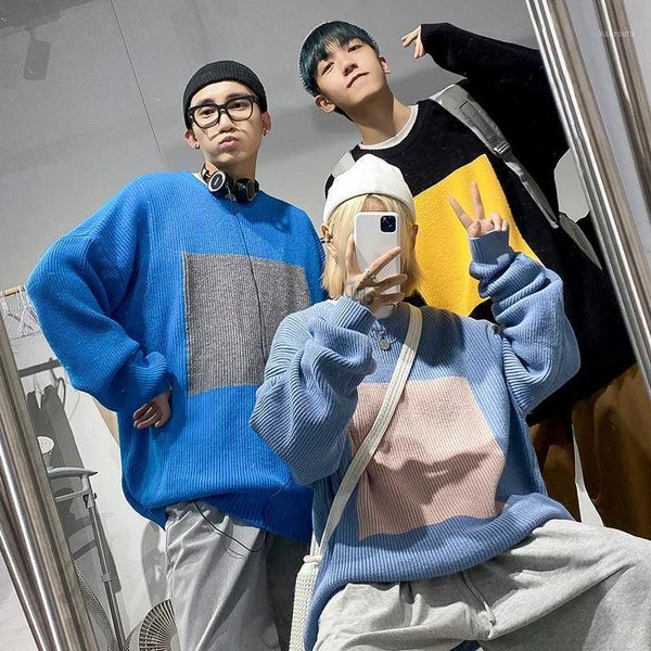 

2020 new korean version of autumn and winter clothing trend contrast loose wild couple casual pullover sweater1, White;black