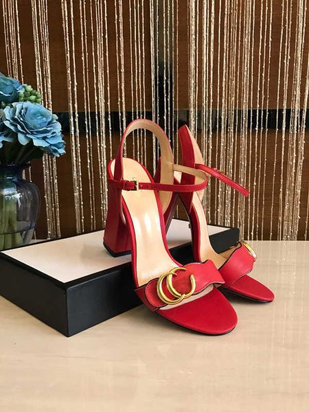 

mid sandals 100% leather rough heel woman shoes fashion new metal buckle soft cattle womens beach large size 41-42 2021, Black