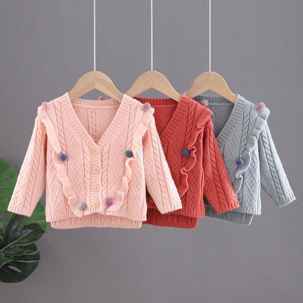 

pullover 2021 winter knitted cardigan sweaters for girls fashion ruffles v-neck knit open stitch single button casual, Blue