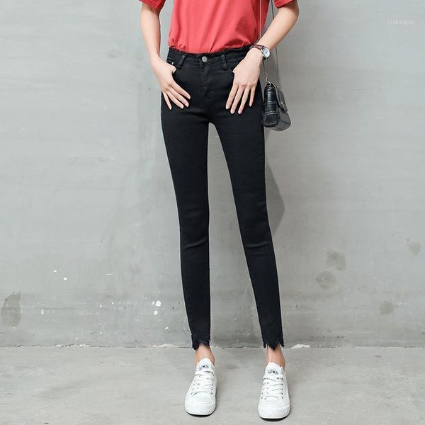 

new slim stretch high waist skinny jeans female scratch black blue pencil pants women jeans1