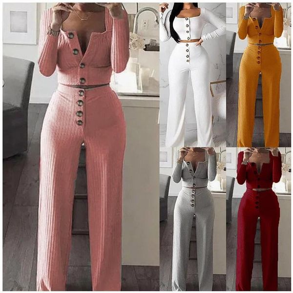 

women ladies long sleeve button down square neck blouse high waist trousers wide leg pant casual two pieces outfit set, Gray