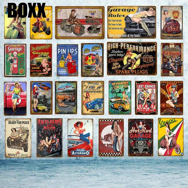 

pin ups metal signs hod rod garage wall decor lady with car trucks electric motorcar vintage painting plaque art craft