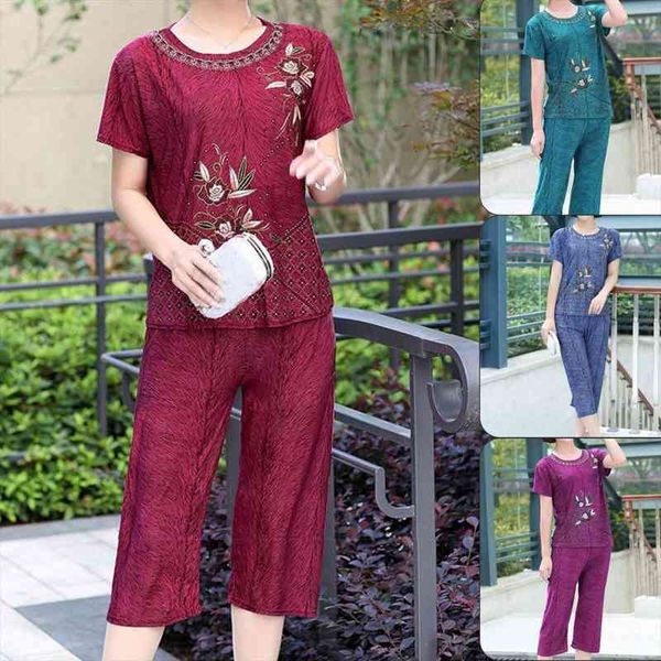 

summer shorts sets women pajamas o neck floral print shorts sets t-shirt pants loose outfit for middle-aged women plus size, White