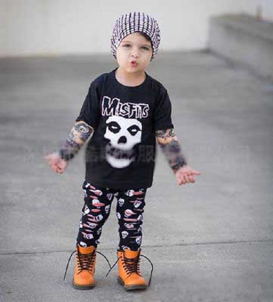 

explosive children's clothing european and american style children's clothing skull print and ripped pant plus cool tattoo gloves, White