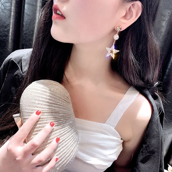 

fashion 925 silver needle exaggerated diamond five-pointed star asymmetric earrings female european and american generous long tassel eardro, Golden