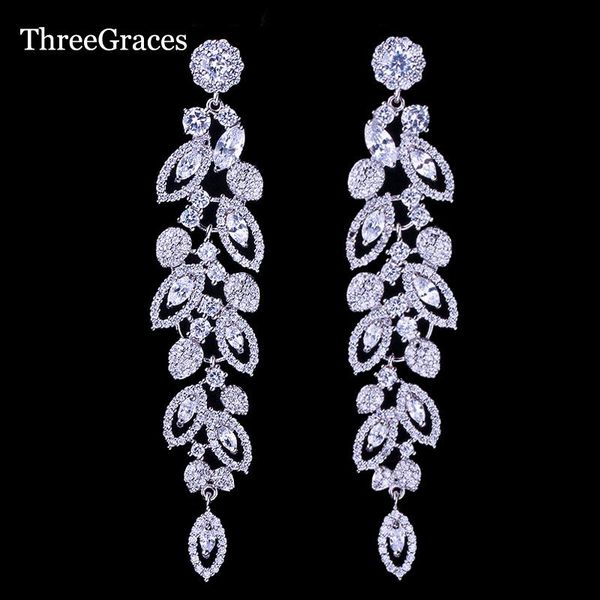 

threegraces designer bridal jewelry dangling drop leaf sparkly cz luxury long wedding earrings for brides accessories er088, Silver