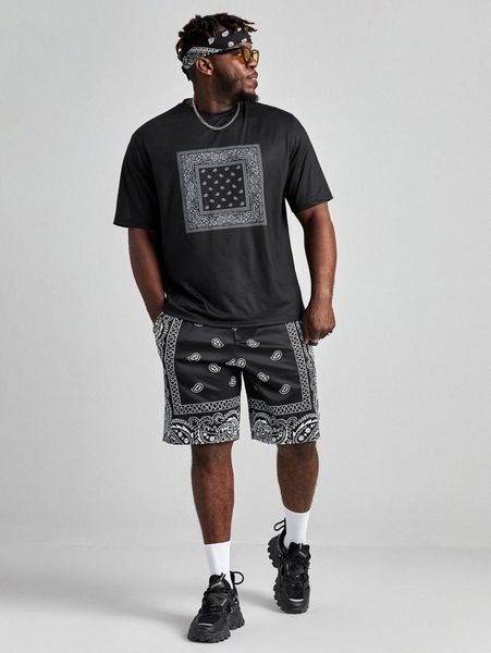 

extended sizes men paisley scarf print tee & shorts c1up#, Gray