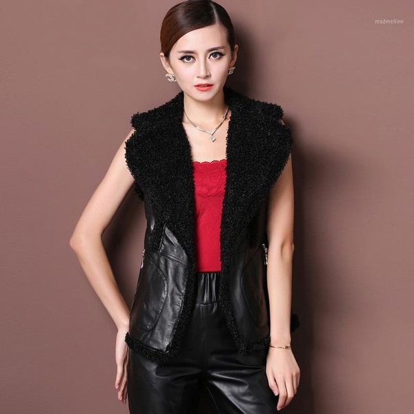 

women's fur & faux natural sheepskin leather and waistcoats women contrast color turn down collar vests 2021 autumn winter1, Black