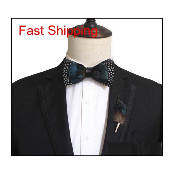 

handmade mens sapphire feather leather luxury bow tie brooch set pre-tied bow tie for wedding party clo qylsyg bde_home, Blue;white