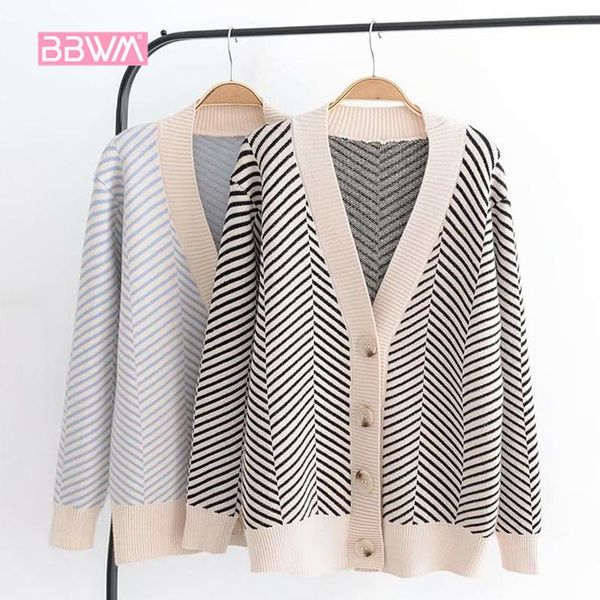 

2021 autumn women's new sweater korean version of the loose striped sweater cardigan long-sleeved v-neck versatile jacket, White