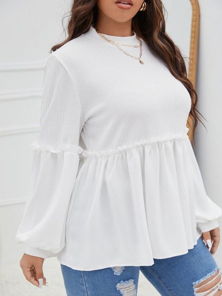 

plus frill trim lantern sleeve peplum 75gy#, Black