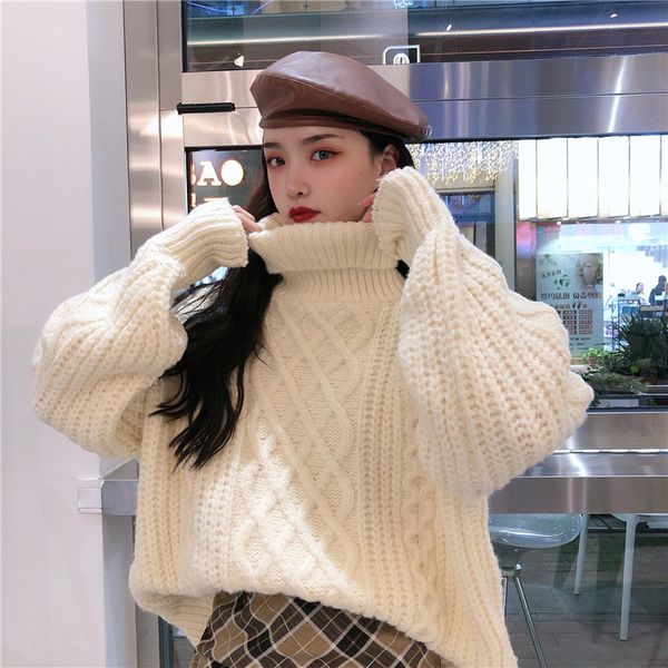 

twist sweater women's high-necked thick short pullover women korean style fashion casual loose lazy jacket outer wear womens, White;black