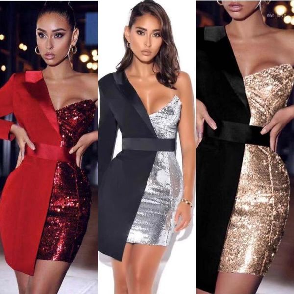 

2020 new arrival red black gold sequins one shoulder balzer high fashion celebrity party wear vintage vestios1, White;black