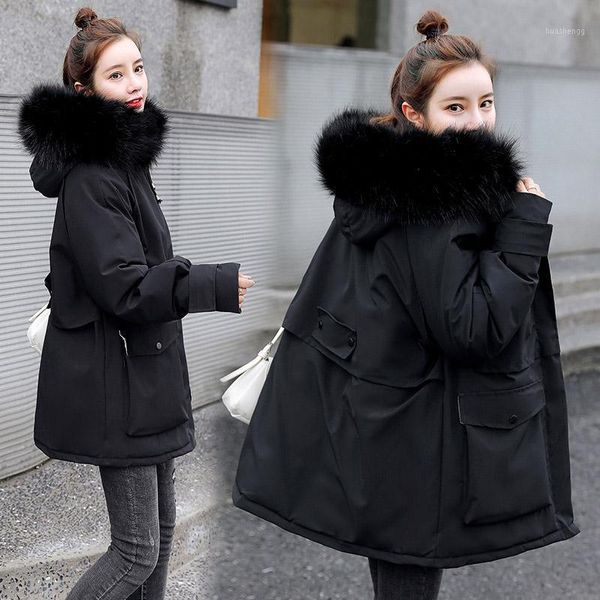 

winter parkas women fashion long sleeve 2020 warm fur collar solid cotton coat women zipper loose coats slim jacket femme veste1, Black