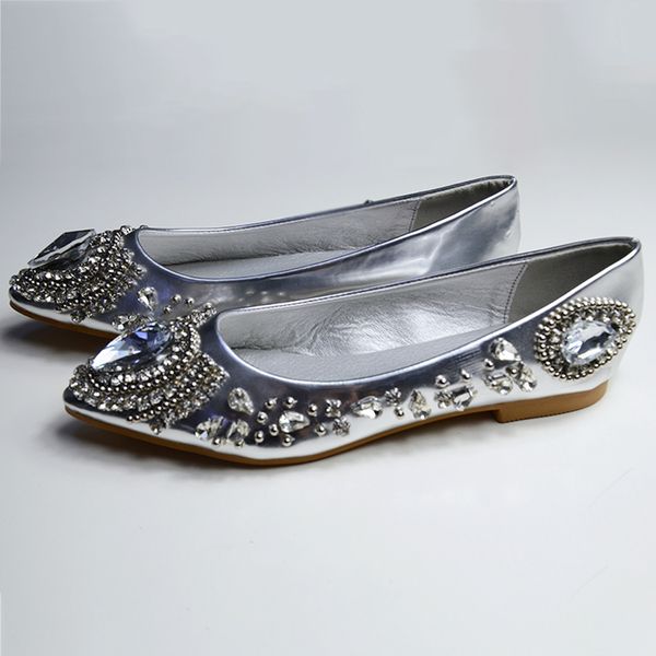 

women's apartments ballets crystal silver wedding slide on brides shoes fashion toe pointed at strass leather ladies 7w24, Black