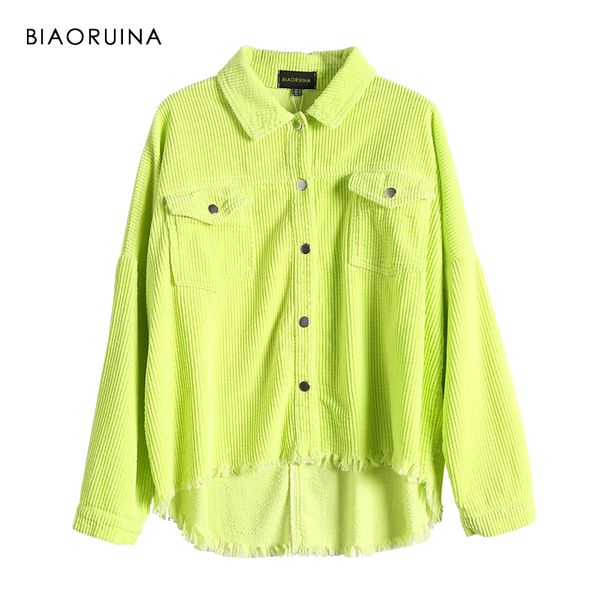

biaoruina korean style women green corduroy solid jacket turn-down collar female loose safari style jacket coat tassles 201026, Black;brown