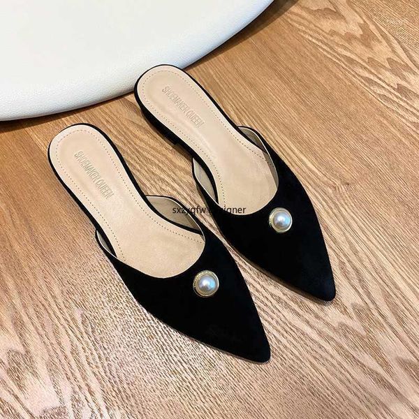 

baotou half slippers fashion outside pointed flat pearl decor women slippers one-pedal lazy mule shoes female 20201, Black