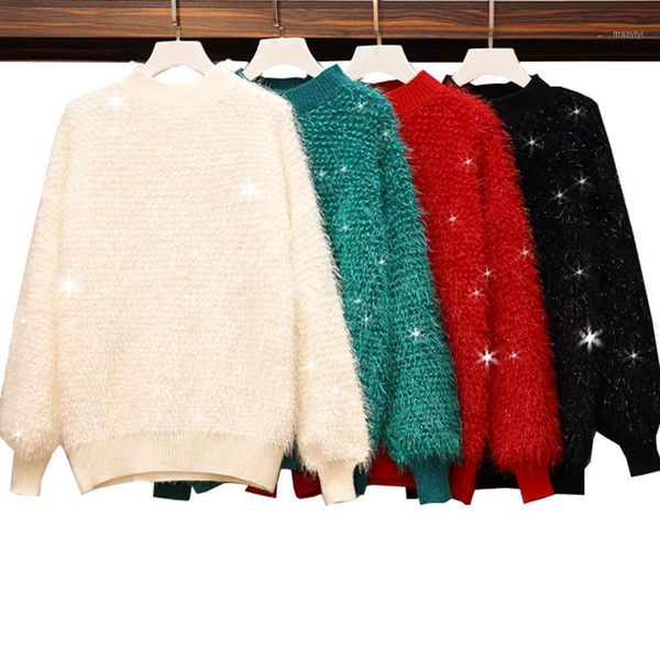 

plus size pullover sweater woman fall/winter new fashion loose bright silk bat sleeve thick sweater outer wear women clothes1, White;black