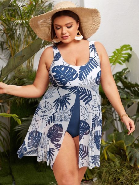 

plus tropical print one piece swimsuit w7yz#, Black