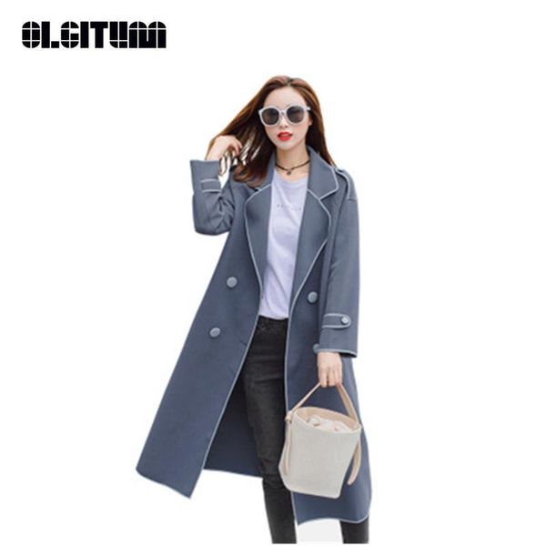 

women's trench coats 2021 spring autumn overcoat women long sleeve fashion turn-down collar smog blue outwear tr112, Tan;black