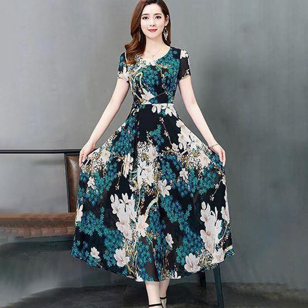 

#z25 fashion flower print slim dress women summer o-neck fit slim short sleeves ladies beach dresses boho long sundress vestidos, Black;gray