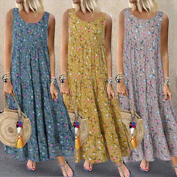 

summer new fashion women bohemian plus size casual loose sleeveless floral daily linen print a line long maxi dress z4, Black;gray