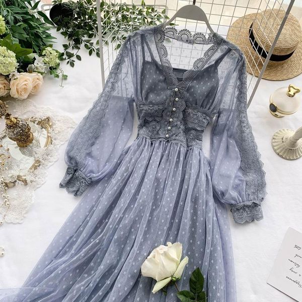 

2020 autumn spring mesh chic long temperament dress women patchwork lace high waist puff long sleeve vestido a line ropa party1, Black;gray