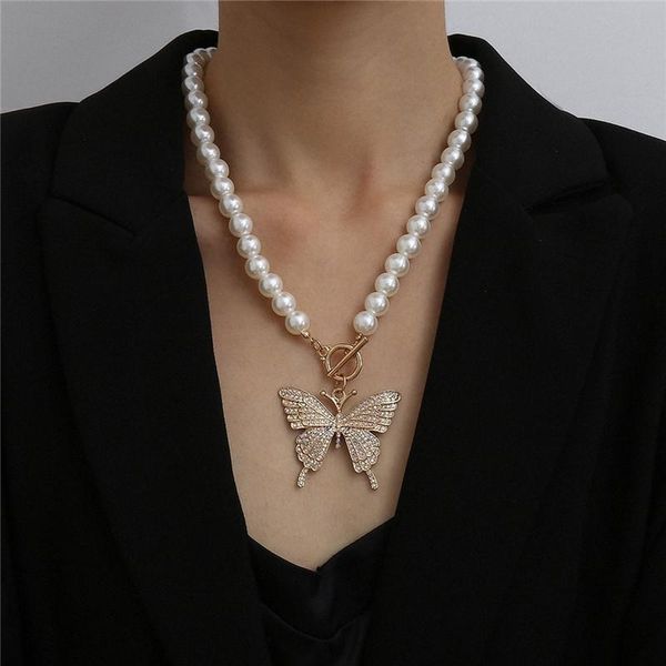 

pendant necklaces gothic baroque simulated pearl chunky necklace for women rhinestone butterfly choker statement jewelry, Silver
