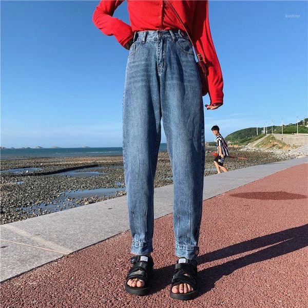 

hzirip harajuku all match stylish new carrot denim jeans trousers womens high waist loose straight ankle-length pants1, Blue