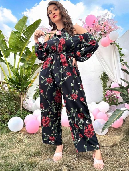 

plus floral print cold shoulder tie front lantern sleeve belted jumpsuit i4cw#, Black