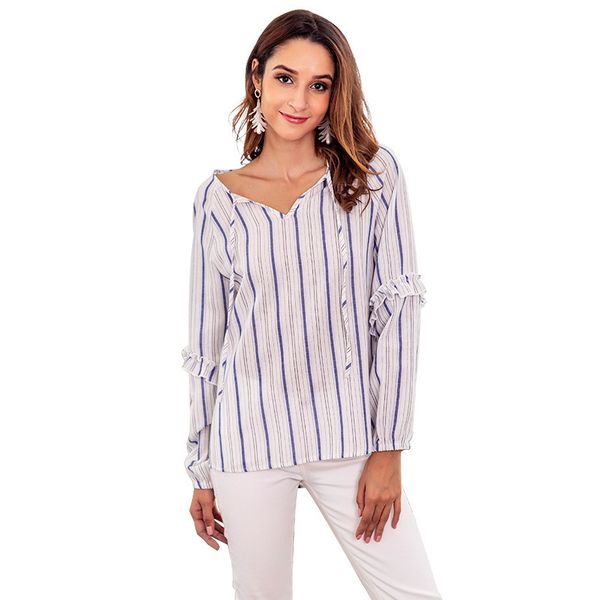 

nova jaqueta outono padro stripe v chumbo puxando corda lado folha de ltus manga comprimento da camisa arco 3x5o, White