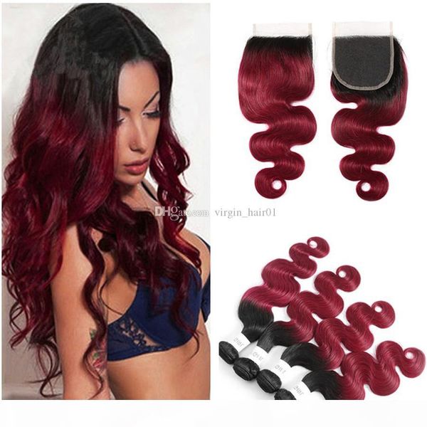 

wine red ombre lace closure with bundles peruvian virgin human hair bundles 3pcs with 4x4 lace closure body wave human hair weaves, Black;brown