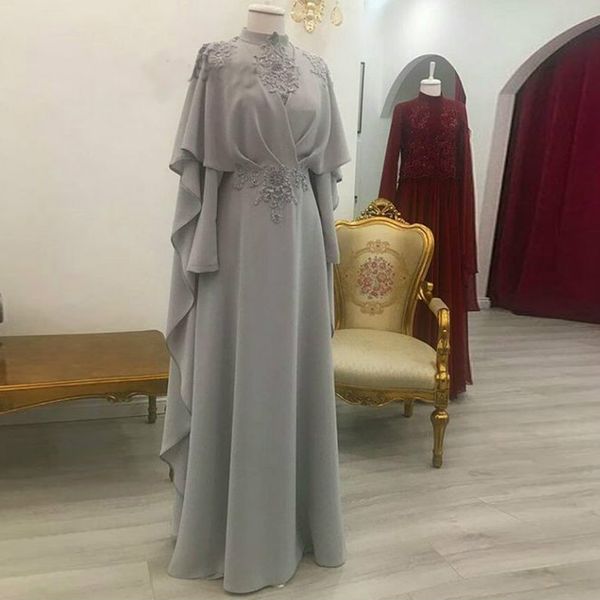 Silbernes muslimisches Abendkleid mit langen Ärmeln Chiffon Dubai Abaya Kaftan Formelles Abendkleid High Neck Arabisch Türkei Partykleider