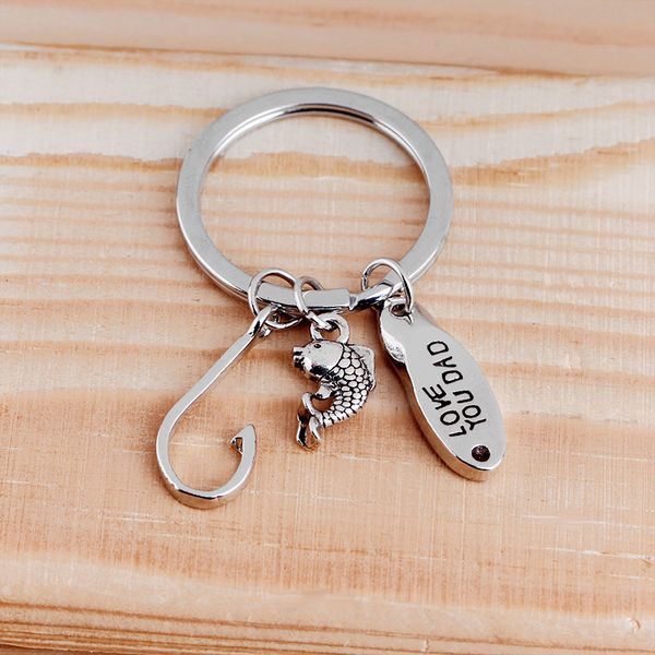 

stamped father's day gift hand fishing fish keychain & hook charms key chain personalized catch keyring gifts for dad, Slivery;golden